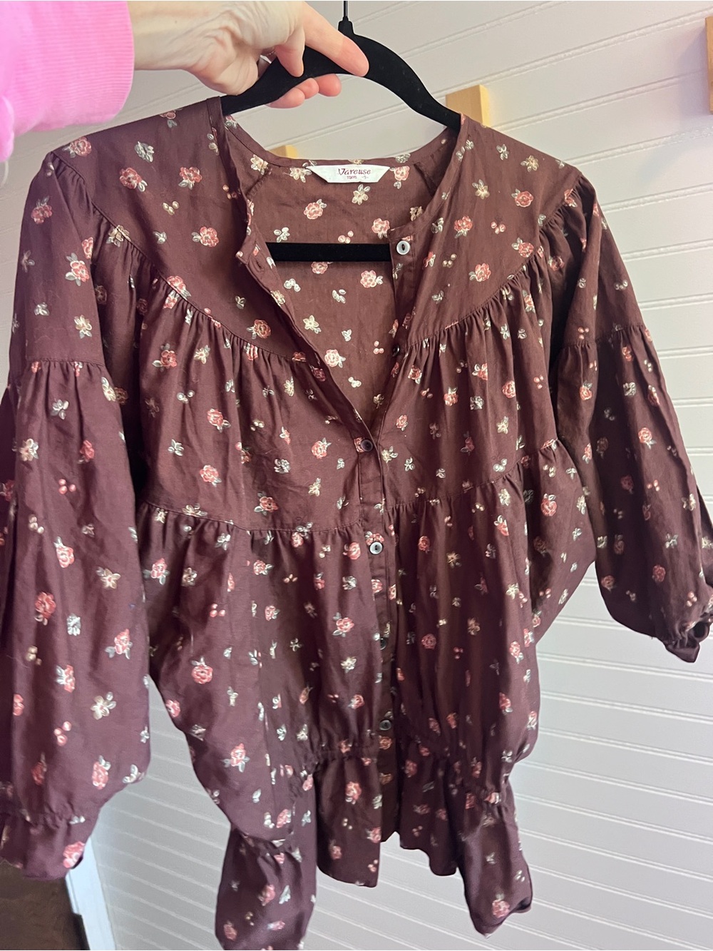 Brown Floral Button-Front Women's Blouse Vintage Japanese Doen-like